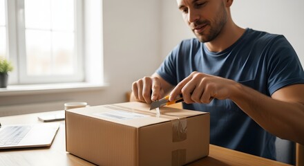 A man wearing a blue shirt carefully uses a box cutter to open a package on a wooden table with a laptop and phone nearby