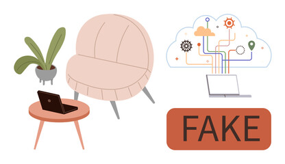 Chair, table with laptop, plant, Fake sign, and cloud computing graphic with data icons. Ideal for tech ethics, misinformation, workspace, AI data analysis innovation and minimal metaphors