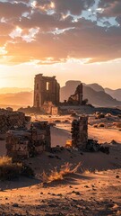 Obraz premium Desert Ruins at Golden Hour Sandscape Pixel Art in Warm Light Landscape With Ruined Brick Structures and Distant Mountains in Cinematic Style