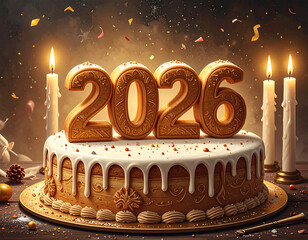 Happy New Year 2026 Cake Celebration with Candles and Confetti.