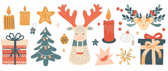 festive holiday vector illustration: christmas deer, tree, candles, gifts, and star ornaments on white background