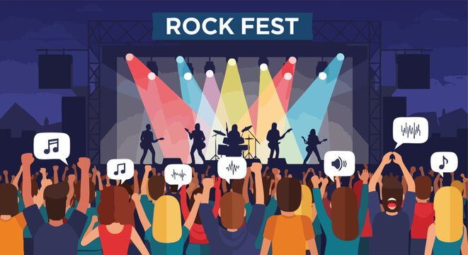 Vibrant Crowd Cheering at an Outdoor Rock Music Festival Concert Stage