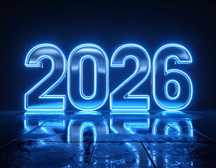 Glowing blue neon numbers 2026 reflected on wet floor.
