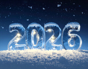 Ice sculpture of the year 2026 with lights and snow.
