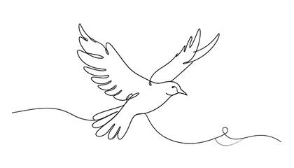 Minimalist black and white illustration of a bird in flight, created with a single, continuous line against a blank backdrop