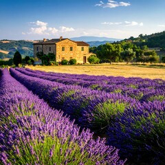 Lavender field with old stone house