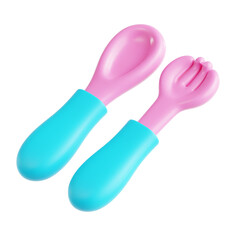 Baby Feeding Utensils Render with Pink Spoon and Blue Fork on Transparent Background
