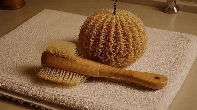 Luxurious spa day unfolds with loofah and brush resting on plush towel showing calm beauty routine and relaxation for self-care promotion - Powered by Adobe