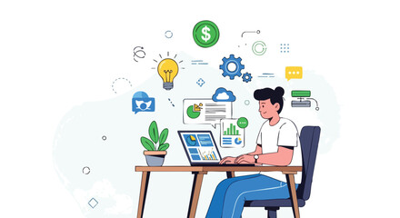 Freelancer Working Remotely on a Laptop Analyzing Business Data and Generating Ideas