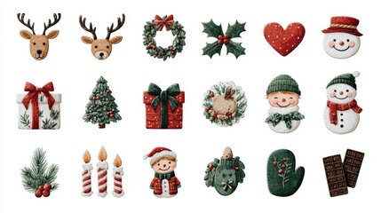 watercolor christmas clipart: reindeer, snowman, christmas tree, gifts, wreaths, holly, candles and mittens on white background