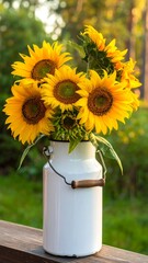 Sunflowers in a white milk jug