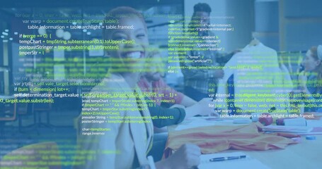 Design team working with fabric samples while code overlay appearing blending fashion with tech - Powered by Adobe