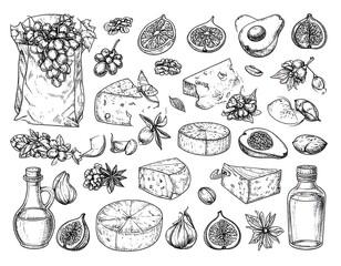 Hand-drawn collection of assorted food items