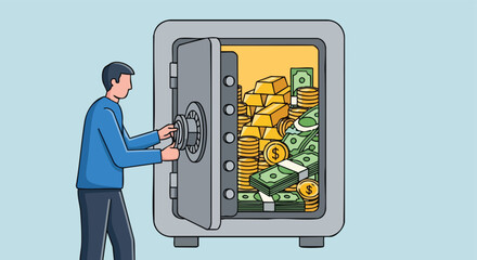 Man Opening a Safe Full of Gold Bars, Cash, and Coins