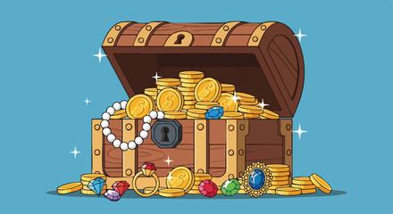 Open Treasure Chest Overflowing with Gold Coins and Sparkling Jewelry