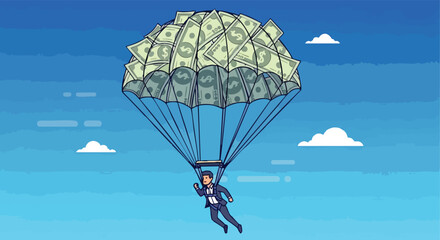 Businessman Floating Down from the Sky with a Parachute Made of Money