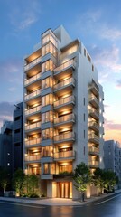 Fototapeta premium Modern Urban Apartment Building with Illuminated Exterior at Dusk
