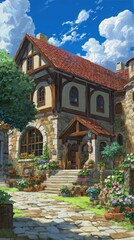 Obraz premium Charming Stone Cottage Surrounded by Lush Gardens and Blue Skies