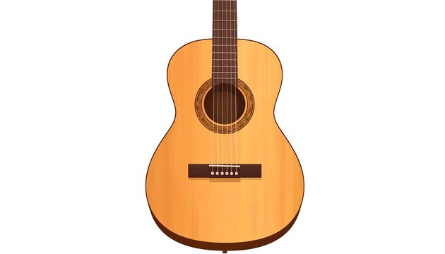 An isolated, medium shot of a six-string acoustic instrument. The illustration features a light-brown body and neck, complete with strings, bridge, and soundhole