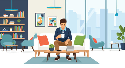 Man Relaxing with Coffee on a Sofa in a Stylish Living Room with City View