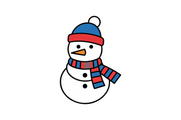 A cute cartoon snowman wearing a blue and red winter hat and a matching striped scarf, isolated on a white background.