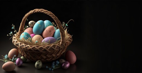 Obraz premium Basket full of colorful easter eggs on a dark background with copy space