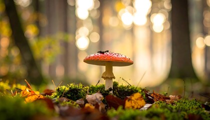 Forest floor mushroom in autumn sunlight