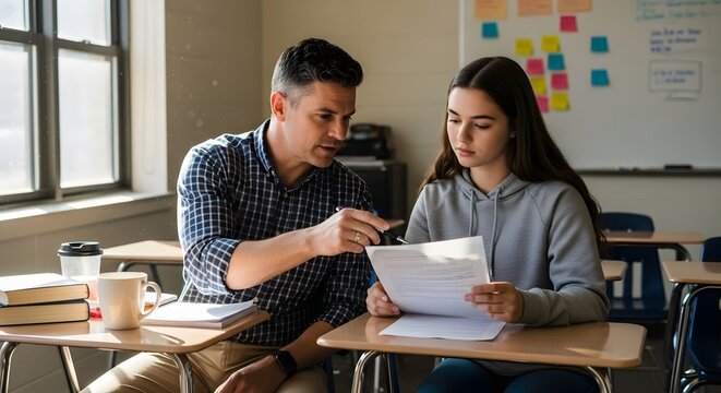 Teacher assists student with schoolwork in a sunny classroom fostering learning and understanding in a supportive environment