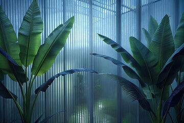 Green palm with reeded glass. Ribbed Background. Plant leaves. White Reeded Glass. Cosmetic template on beautiful magazine decor. Pure abstract design on empty background for clean modern look.