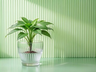 Green palm with reeded glass. Minimalist vanity background with frosted texture for spa aesthetic. White Reeded Glass. Beautiful summer decor with luxury concept. Plant leaves. Ribbed Background.