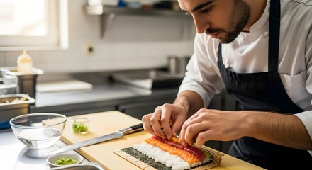 Chef preparing sushi with fish rice and nori on a bamboo rolling mat wearing a chef ' s coat and apron in a professional kitchen