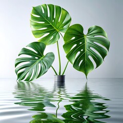 Monstera Leaves With Stunning Reflection in Glass Ripple on White Background for Home Decor and Design Inspiration