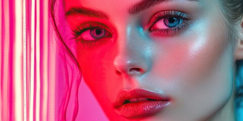 Abstract woman portrait with glass texture. Glitched and corrupted female face. Beautiful girl. Model hidden behind mirror pattern. Neon red and pink Reeded Glass. Ribbed Background.