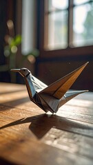 Detailed Origami Bird Close Up on Wooden Surface with Warm Lighting and Window Background Focus on Intricate Folds and Shadow
