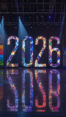 Large illuminated numbers 2026 reflected on a wet stage floor.