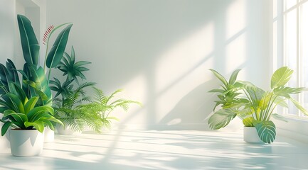 Minimalist White Room with Tropical Indoor Plants and Sunlight Shadows