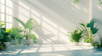 Minimalist Interior with Tropical Houseplants and Sunlight Shadows