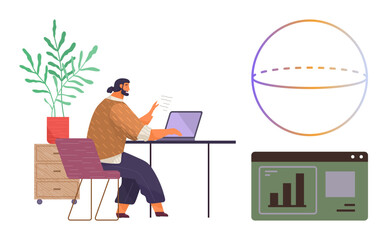 Professional working at desk with laptop, analyzing reports. Graphs on screen, diagram showing global view. Ideal for remote work, analytics, technology, education, business globalization