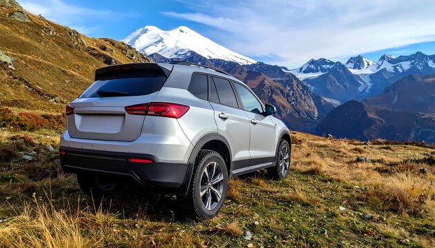 SUV parked in alpine meadow, majestic mountains