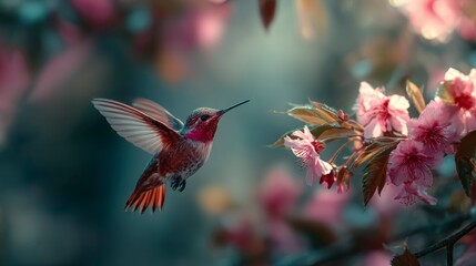 Obraz premium Hummingbird in flight blossom