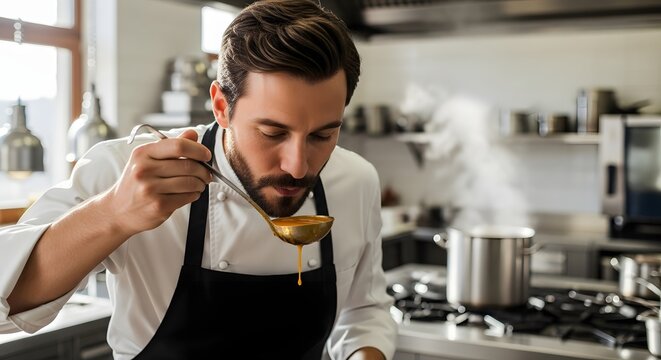 Chef intensely smells soup from a ladle in a bright professional kitchen steam rises from a cooking pot on a stove behind him