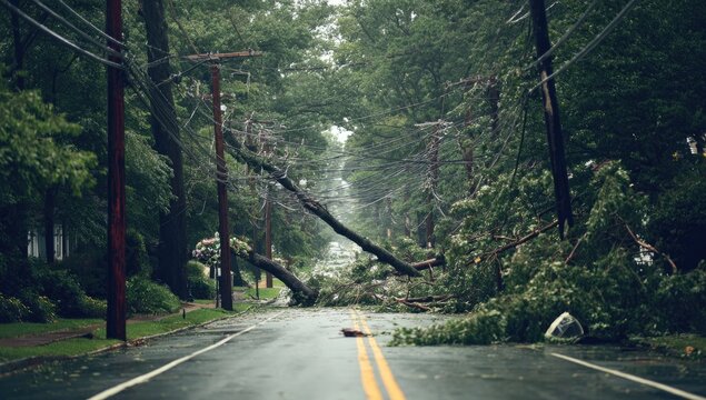 Fallen trees and power lines block a street after a storm
