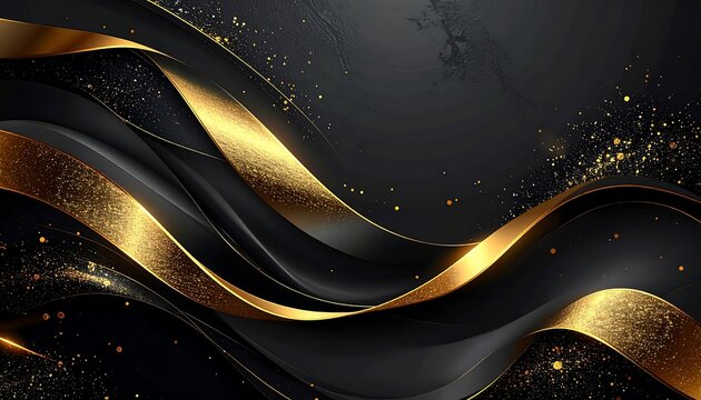Elegant digital artwork featuring flowing, textured black and gold ribbons and scattered golden specks against a dark backdrop