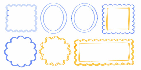 Collection of hand drawn decorative frames and borders in blue and yellow on a white background