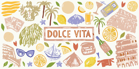 Vibrant dolce vita collage featuring italian landmarks citrus fruits palm trees and summer icons