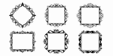 Collection of six ornate black and white decorative square and diamond shaped frames