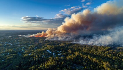 Aerial view of wildfire smoke billowing over residential area