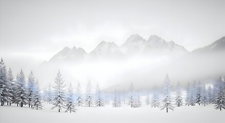 Fototapeta premium Serene Winter Landscape: Snow-Covered Trees and Misty Mountain P