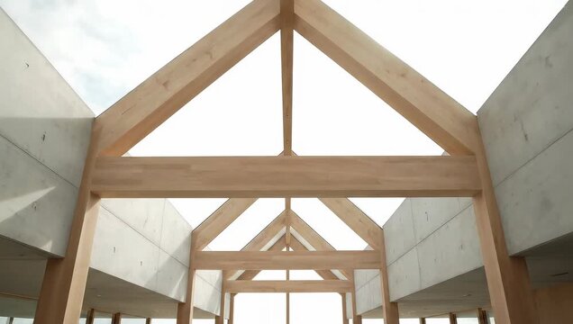 Symmetrical cinematic shot of triangular wooden roof beams forming geometry.