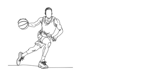 Minimalist line art illustration of a basketball player dribbling the ball in motion. Simple black and white continuous line drawing symbolizing athleticism, energy, teamwork, and sportsmanship.